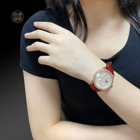 【DEJOY BODHI】38mm Green Arya Tara Relief Watch | Buddhist Women's Luxury Timepiece