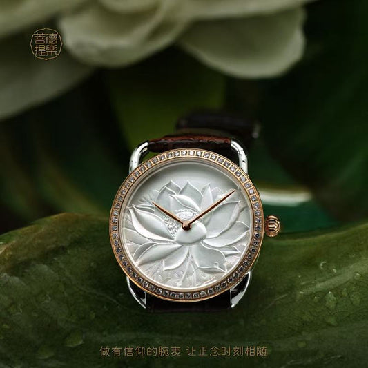 【DEJOY BODHI】38mm Lotus Relief Watch | Buddhist Women's Luxury Timepiece