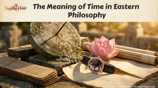 Ancient sundial, Buddhist manuscripts, lotus flower and BuddhaHour watch symbolizing time, wisdom and Eastern philosophy