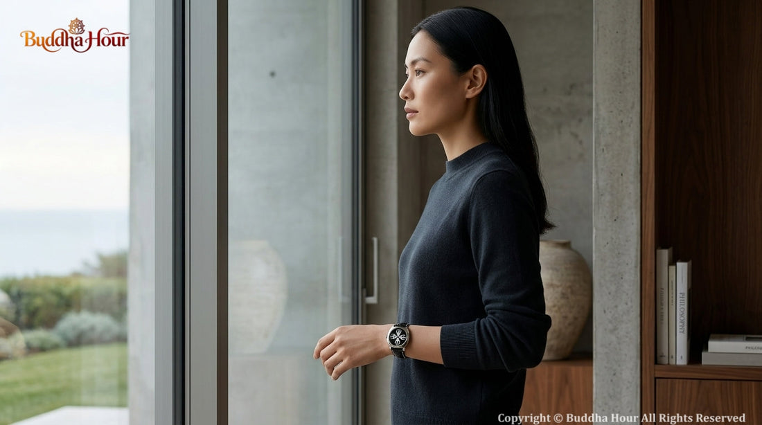 A person wearing a BuddhaHour watch in a calm luxury setting, representing personal values, mindfulness and meaningful time.