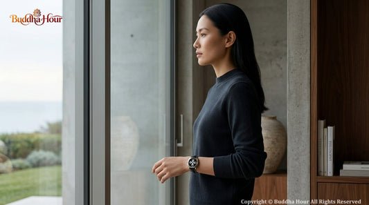A person wearing a BuddhaHour watch in a calm luxury setting, representing personal values, mindfulness and meaningful time.