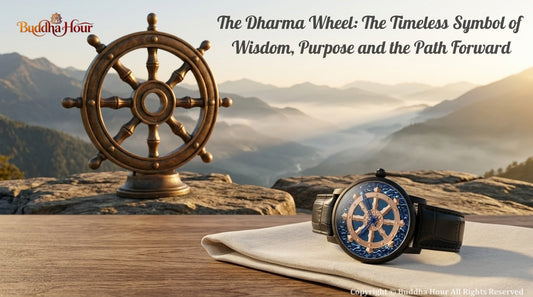 BuddhaHour Dharma Wheel watch beside a handcrafted Dharma Wheel overlooking peaceful mountains at sunrise, symbolizing wisdom, purpose and lifelong growth.
