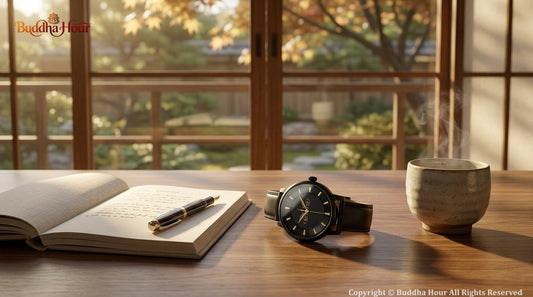 BuddhaHour watch resting beside an open journal and tea, symbolizing the value of time and intentional living.