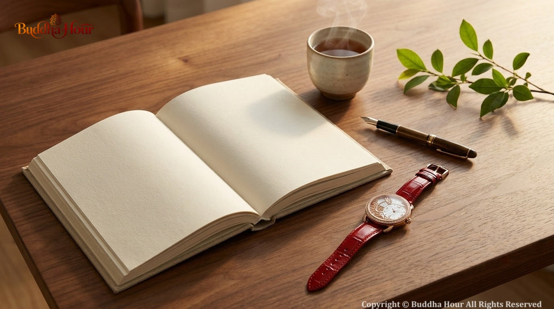 BuddhaHour watch beside a book and a cup of tea, representing the beauty of choosing fewer but more meaningful possessions.