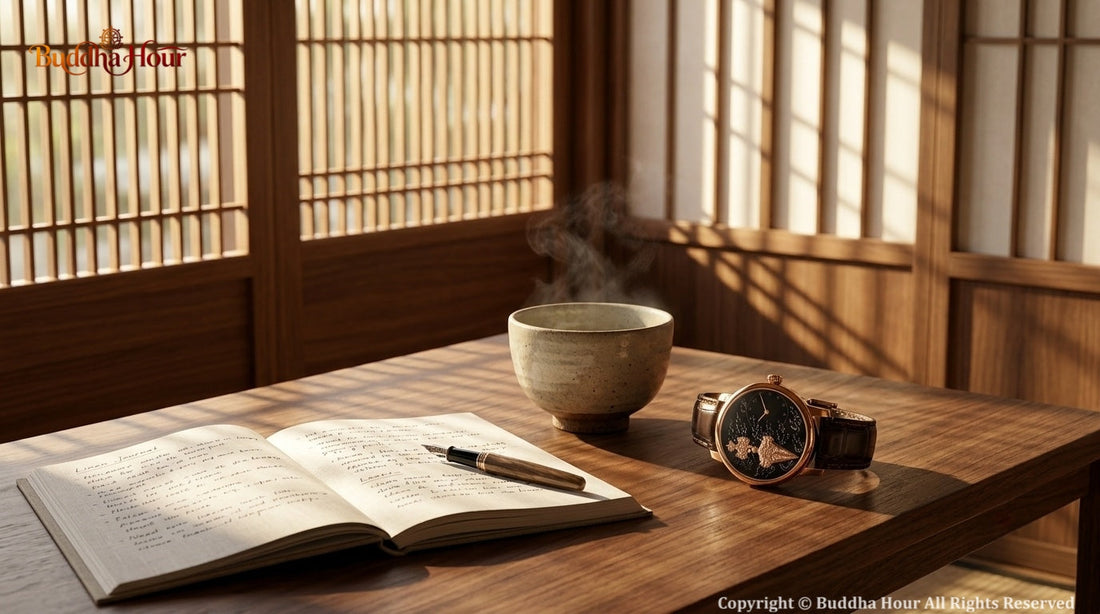 BuddhaHour watch beside a cup of tea and an open journal, representing the beauty of daily rituals and mindful living.