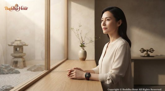 A BuddhaHour watch worn as a symbol of mindfulness, wisdom and a meaningful approach to everyday life.