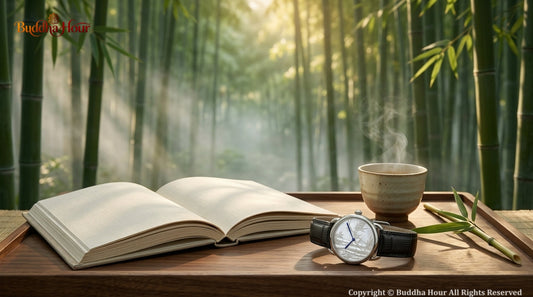 BuddhaHour Peace & Ease watch resting beside a book and tea in a tranquil bamboo grove, symbolizing patience and mindful living.