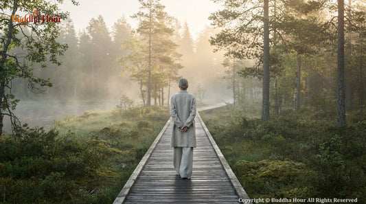 A lone person walking peacefully along a sunlit path, symbolizing the beauty of experiencing time slowly and intentionally.