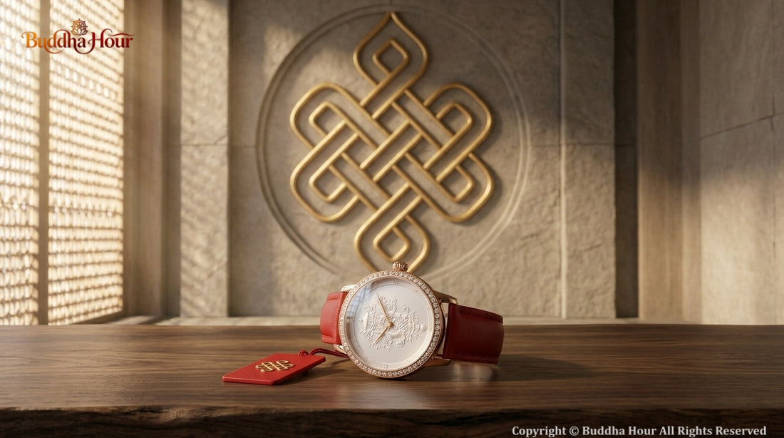 BuddhaHour Endless Knot watch displayed with a golden Buddhist Endless Knot symbol, representing connection, wisdom and the timeless flow of life.