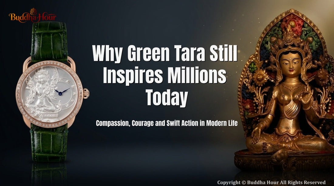Green Tara symbolizing compassion, courage and swift action beside a BuddhaHour luxury watch.