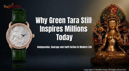 Green Tara symbolizing compassion, courage and swift action beside a BuddhaHour luxury watch.