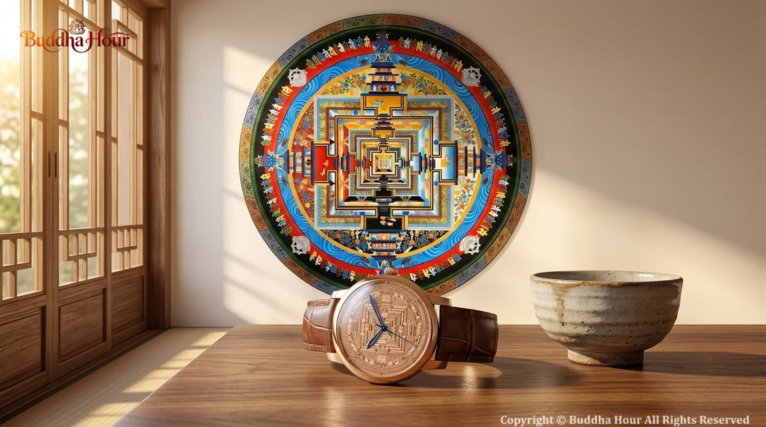 BuddhaHour Mandala & Perfection watch displayed beneath a contemporary Kalachakra Mandala, symbolizing harmony, sacred geometry and inner awakening.