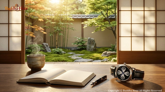 BuddhaHour watch resting inside a peaceful Japanese Zen tea house at sunrise, symbolizing stillness, mindfulness and intentional living.