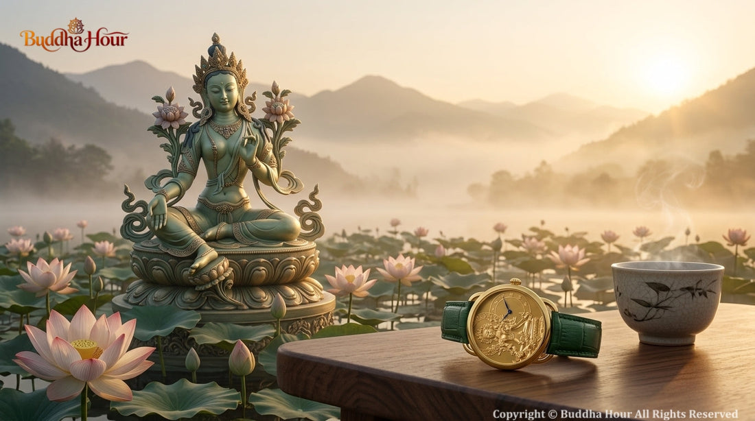 BuddhaHour Green Tara Relief Watch beside a lotus-inspired scene with an artistic depiction of Green Tara, symbolizing compassion, wisdom and timeless beauty.