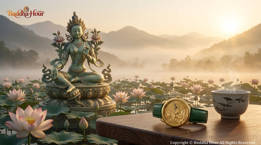 BuddhaHour Green Tara Relief Watch beside a lotus-inspired scene with an artistic depiction of Green Tara, symbolizing compassion, wisdom and timeless beauty.