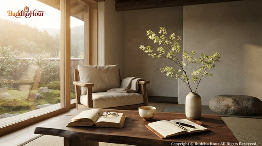 A peaceful minimalist interior filled with warm morning light, representing quiet confidence and intentional living.