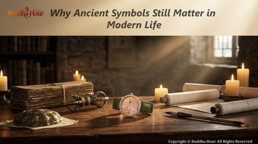 Ancient vajra, lotus symbol and DejoyBodhi watch representing timeless wisdom and meaning in modern life