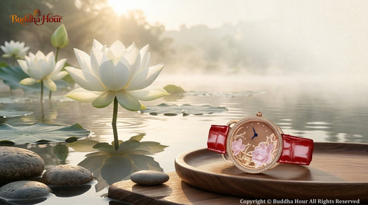 BuddhaHour Lotus watch beside blooming white lotus flowers at sunrise, symbolizing purity, resilience and mindful living.