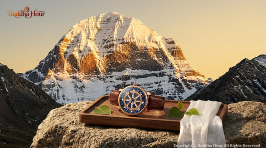 BuddhaHour watch displayed respectfully before Mount Kailash at sunrise, inspired by Tibetan Buddhist art and timeless wisdom.