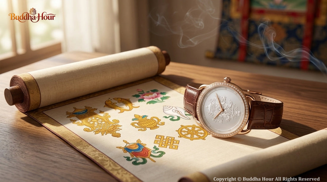 BuddhaHour watch resting beside a traditional Tibetan thangka featuring the Eight Auspicious Symbols, celebrating timeless wisdom and sacred artistry.