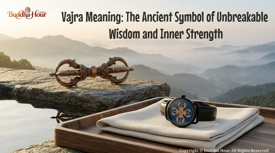 BuddhaHour Vajra watch displayed beside a handcrafted bronze Vajra at sunrise, symbolizing inner strength, wisdom and clarity.