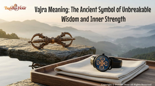 BuddhaHour Vajra watch displayed beside a handcrafted bronze Vajra at sunrise, symbolizing inner strength, wisdom and clarity.