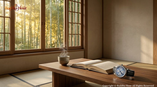 BuddhaHour Peace & Ease watch beside a book and tea in a minimalist Zen-inspired tea room, symbolizing simplicity and mindful living.