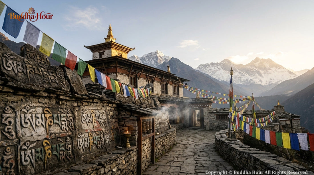 Ancient Tibetan Buddhist monastery with Om Mani Padme Hum carvings and prayer flags, representing compassion, wisdom and spiritual tradition.