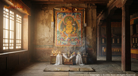 A sacred Tibetan Buddhist depiction of Yellow Jambhala inside a monastery, representing prosperity, blessings and ancient wisdom.