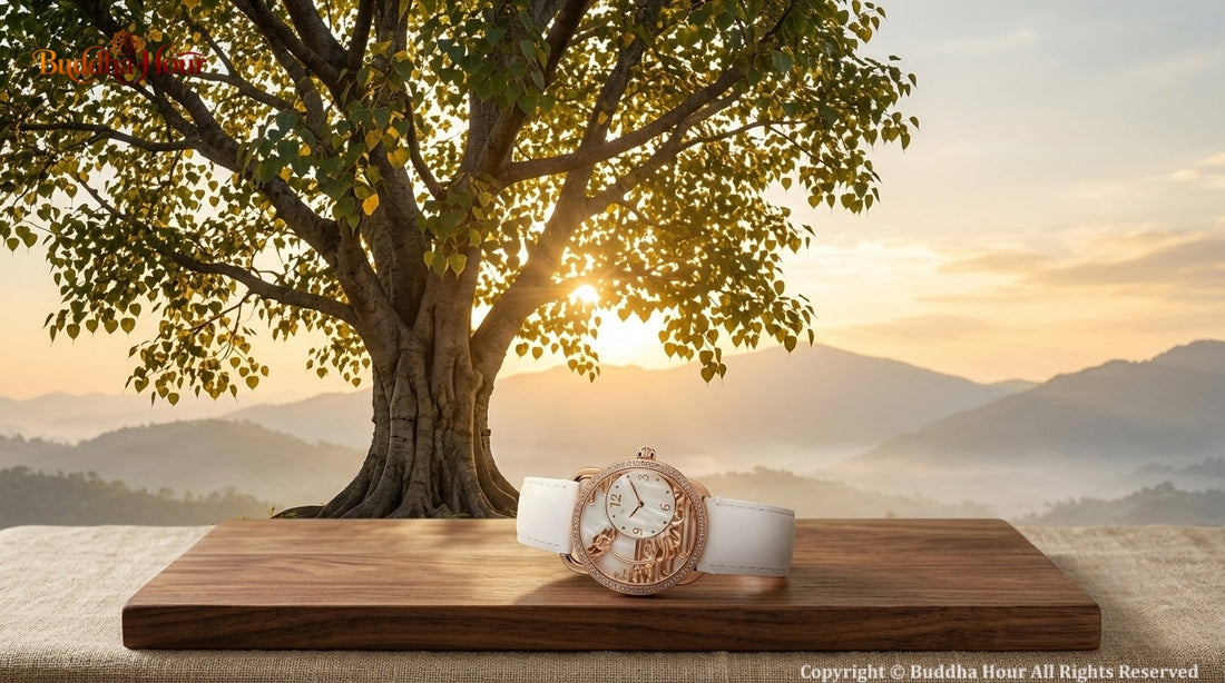 BuddhaHour watch displayed beneath an ancient Bodhi Tree at sunrise, symbolizing wisdom, awakening and mindful growth.
