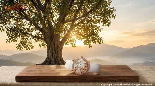 BuddhaHour watch displayed beneath an ancient Bodhi Tree at sunrise, symbolizing wisdom, awakening and mindful growth.