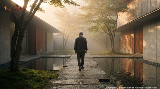 A peaceful Zen courtyard at sunrise with a person walking slowly, symbolizing a mindful beginning to the day.