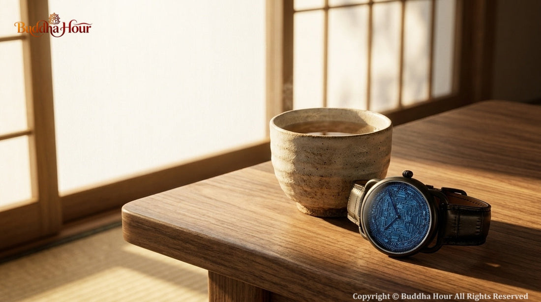 A serene and contemplative scene representing daily rituals, mindfulness, and the Eastern philosophy of presence — symbolizing the return to meaningful time in a fast-paced modern world.