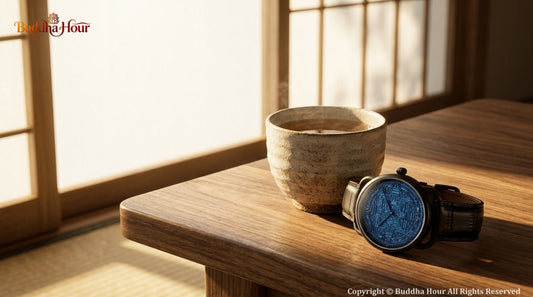 A serene and contemplative scene representing daily rituals, mindfulness, and the Eastern philosophy of presence — symbolizing the return to meaningful time in a fast-paced modern world.