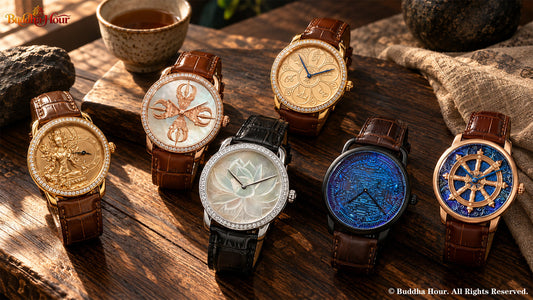 Collection of six BuddhaHour Buddhist-inspired watches featuring Green Tara, Double Vajra, Lotus, Nine Palaces and Eight Trigrams, Om Mani Padme Hum, and Mandala designs.