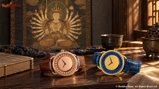 Two BuddhaHour Cundi Buddha Mirror watches in different original colors displayed before a traditional painting of eighteen-armed Cundi Bodhisattva, highlighting sacred Buddhist art and watch craftsmanship.