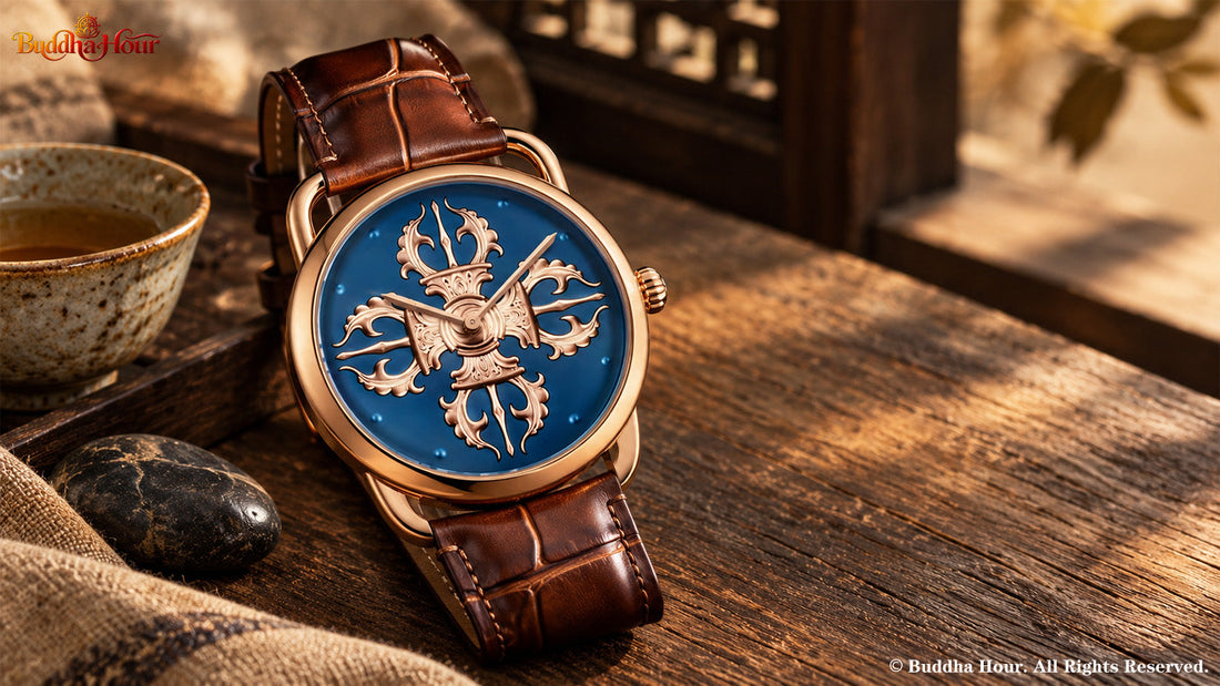 BuddhaHour Double Vajra watch with a blue dial and rose-gold relief resting on a walnut table in a quiet Eastern-inspired interior.