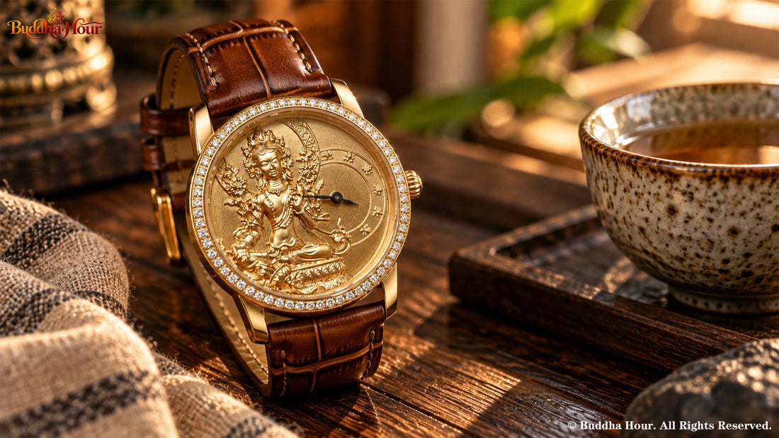 BuddhaHour Green Tara watch displayed on a walnut table in a peaceful Eastern-inspired interior.