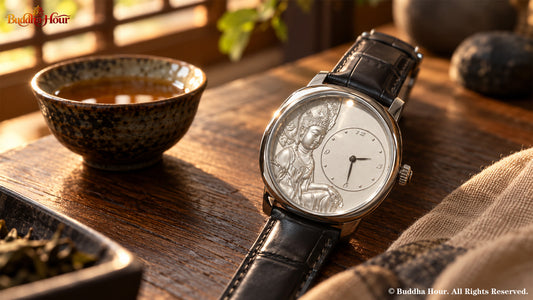 BuddhaHour Guanyin Relief Watch resting on a walnut tea table, highlighting Buddhist-inspired craftsmanship and the symbolism of compassion.