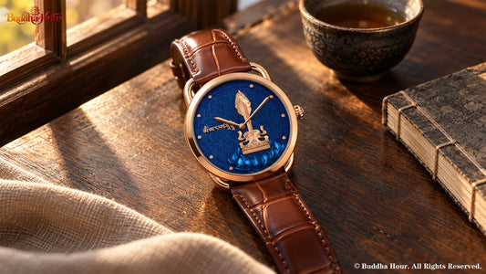 BuddhaHour Manjushri Wisdom Sword Relief Watch on a walnut writing desk beside a traditional book and ceramic tea cup.