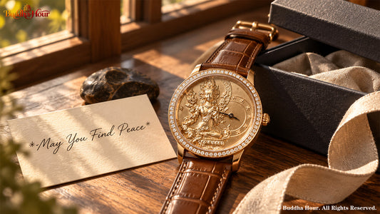 BuddhaHour Green Tara watch presented beside an elegant gift box and personal note, symbolizing a thoughtful gift of compassion and care.