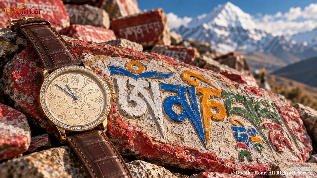 BuddhaHour Om Mani Padme Hum watch resting on a traditional Tibetan mani stone carved with the six-syllable Buddhist mantra