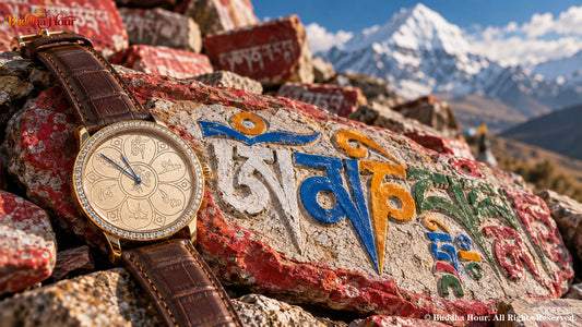 BuddhaHour Om Mani Padme Hum watch resting on a traditional Tibetan mani stone carved with the six-syllable Buddhist mantra