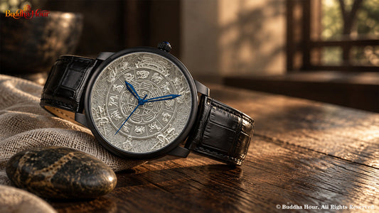 BuddhaHour Nine Palaces and Eight Trigrams watch with intricate silver relief dial and blue hands on a dark walnut table.