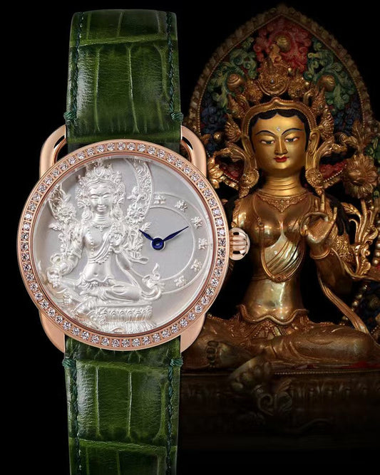 【DEJOY BODHI】38mm Green Arya Tara Relief Watch | Buddhist Women's Luxury Timepiece