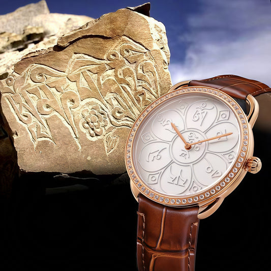Buddha Hour Om Mani Padme Hum Six Character Mantra Relief Watch – Buddhist luxury timepiece, sacred mantra engraving, Swarovski crystals, sapphire crystal, 38mm & 43mm