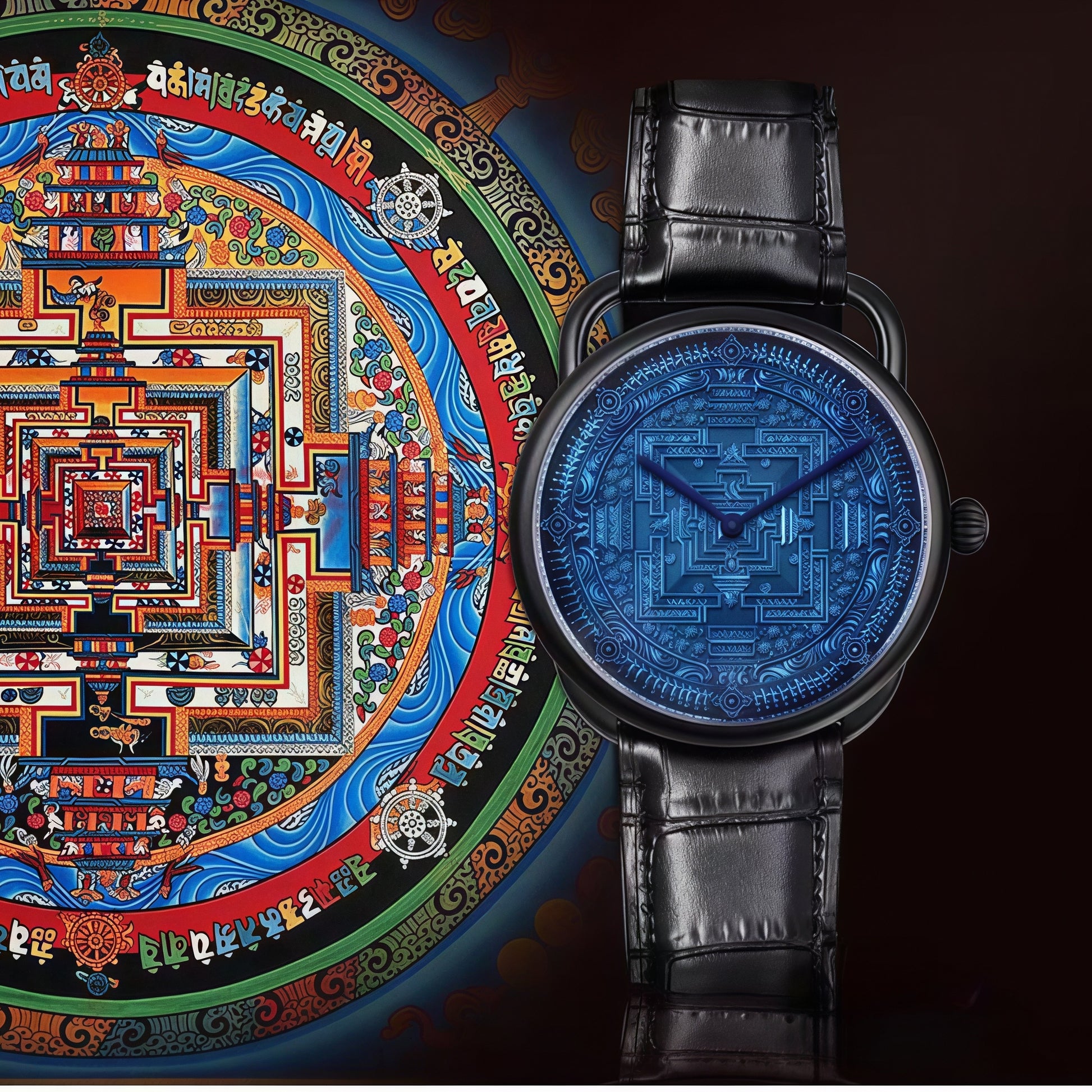 Buddha Hour 43mm Kalachakra Mandala Relief Watch – Tibetan Buddhist luxury timepiece, matte black case, precision-engraved copper dial, sapphire crystal