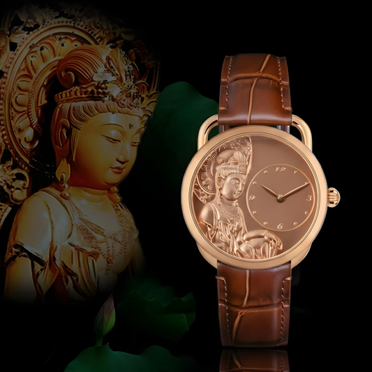 Buddha Hour Kwan Yin Relief Watch – Buddhist luxury timepiece, silver & gold dial, 38mm & 43mm, sapphire crystal, genuine leather strap