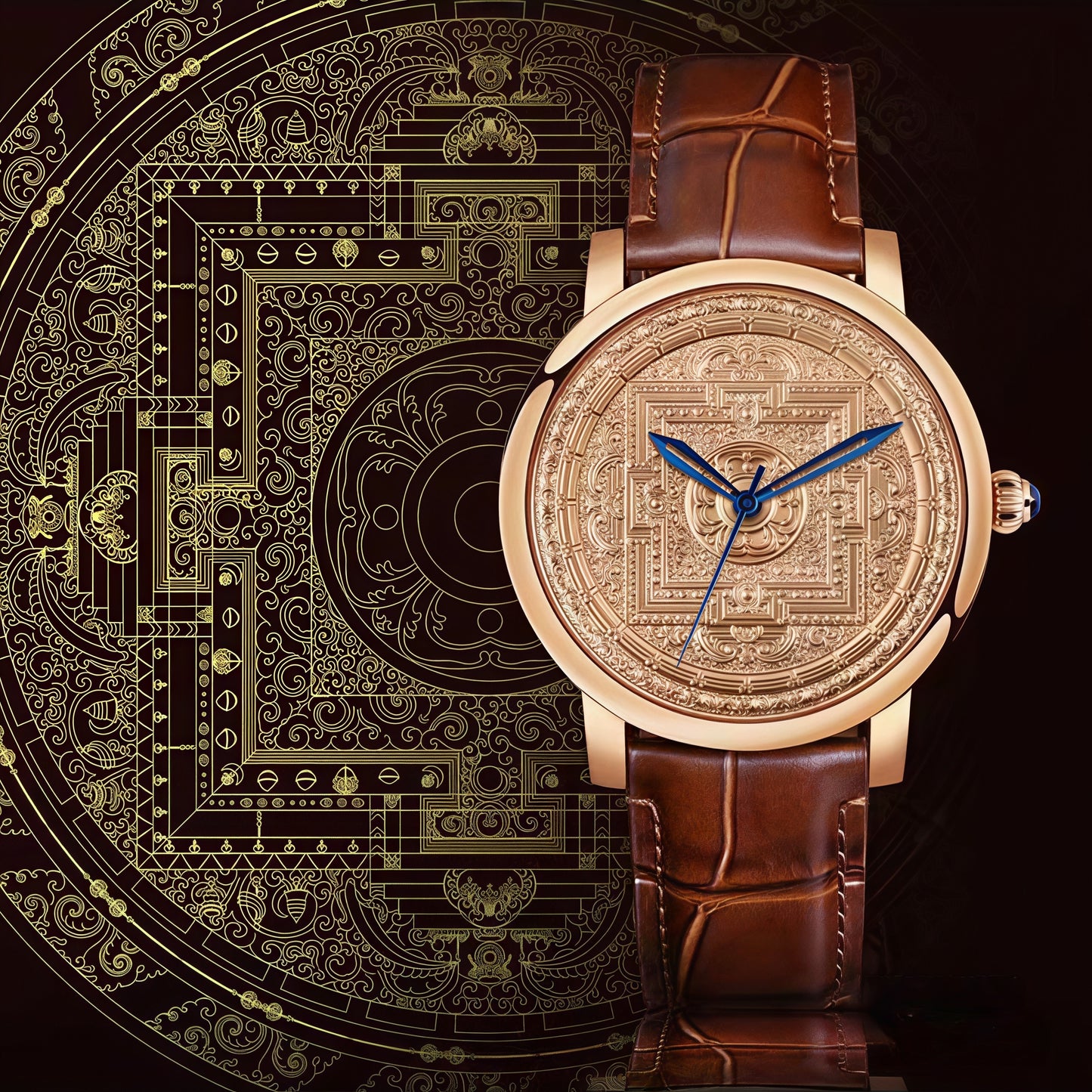 Buddha Hour 45mm Avalokiteshvara Liberation Mandala Mechanical Watch – Tibetan Buddhist luxury timepiece, 24K gold-plated, Citizen movement, engraved copper dial, rose gold & gold