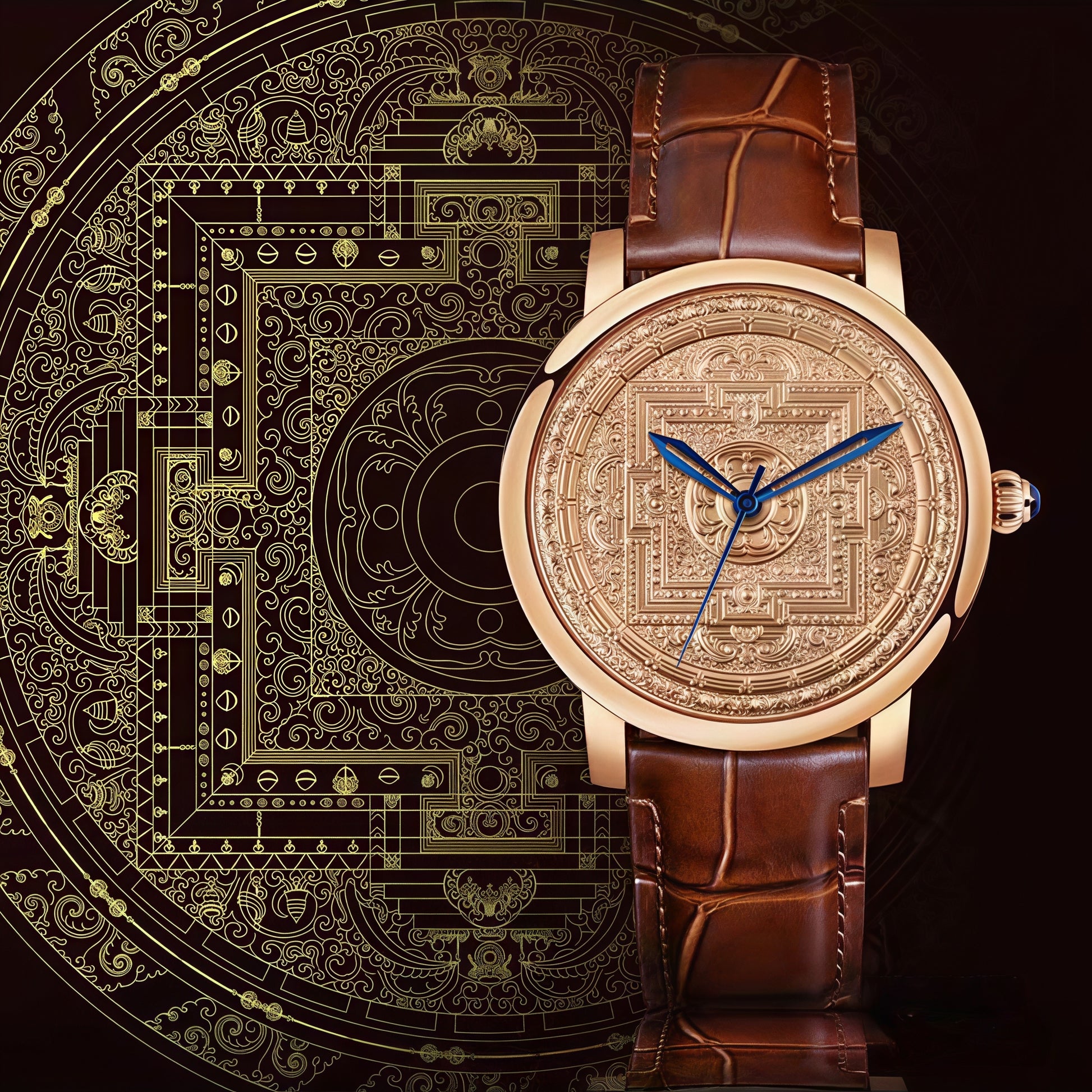Buddha Hour 45mm Avalokiteshvara Liberation Mandala Mechanical Watch – Tibetan Buddhist luxury timepiece, 24K gold-plated, Citizen movement, engraved copper dial, rose gold & gold